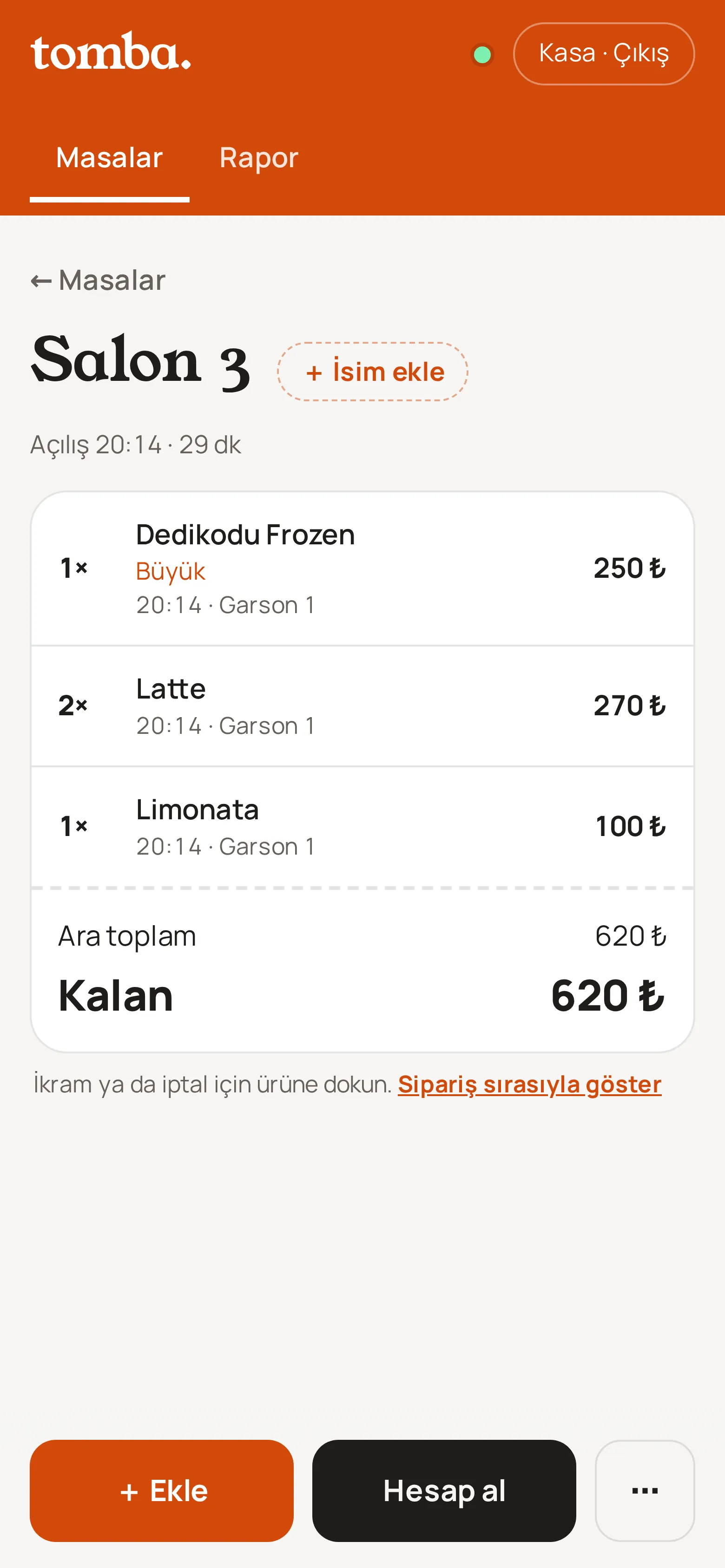 Kasa ekranı: masanın hesabı