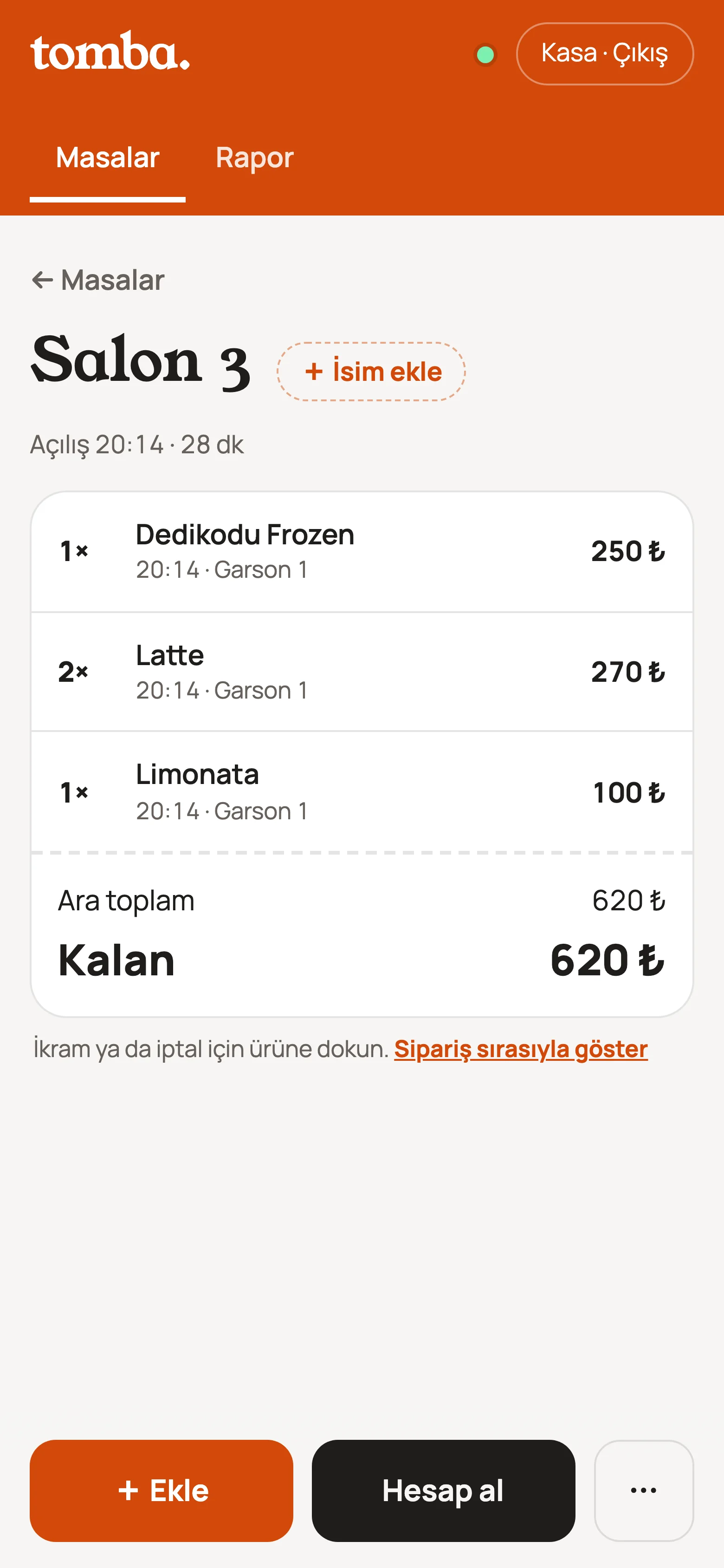Kasa ekranı: Salon 3 hesabı, ürünler, saatleri ve garsonu